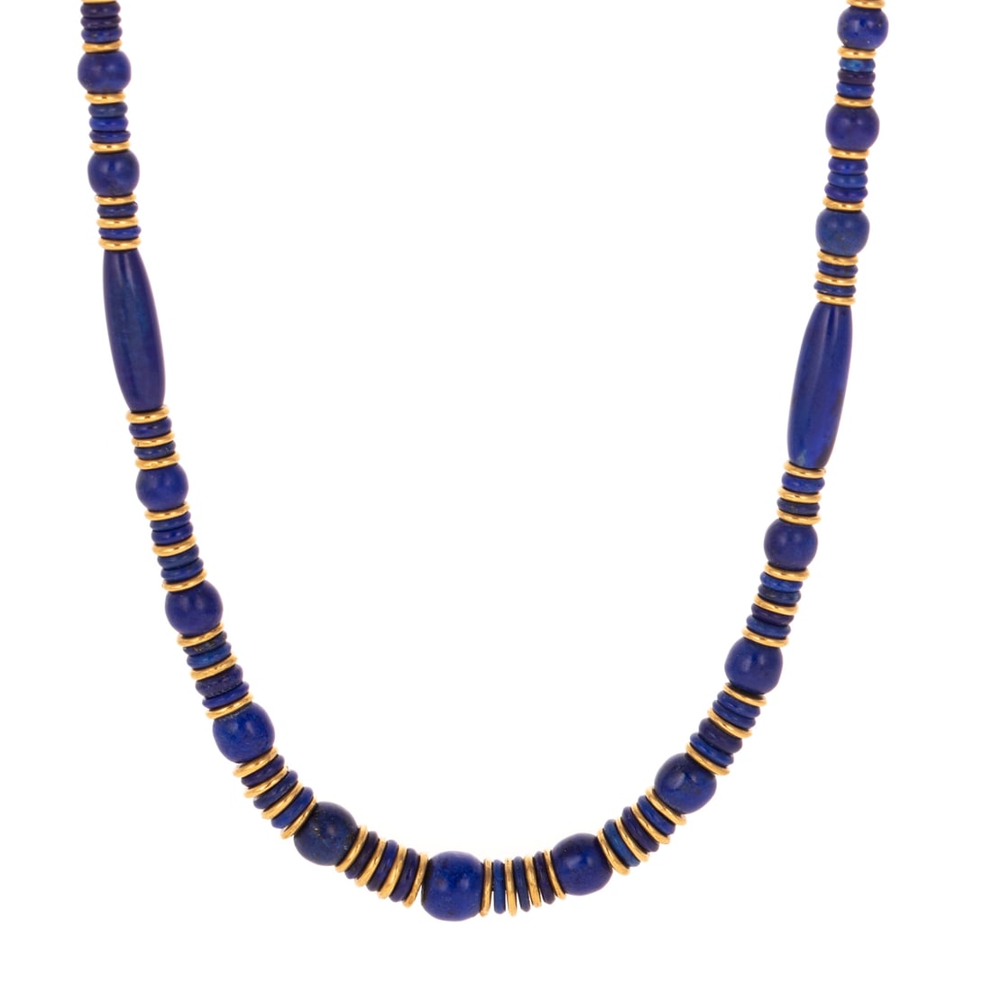 A Lapis Lazuli Necklace by Scott Diffrient in 22K: 1984, 22K and 14K yellow gold and lapis lazuli bead necklace by Scott Diffrient, Galastia, N.M., custom commission, with intense fine cobalt lapis lazuli beads of varying size and shape alternating wi