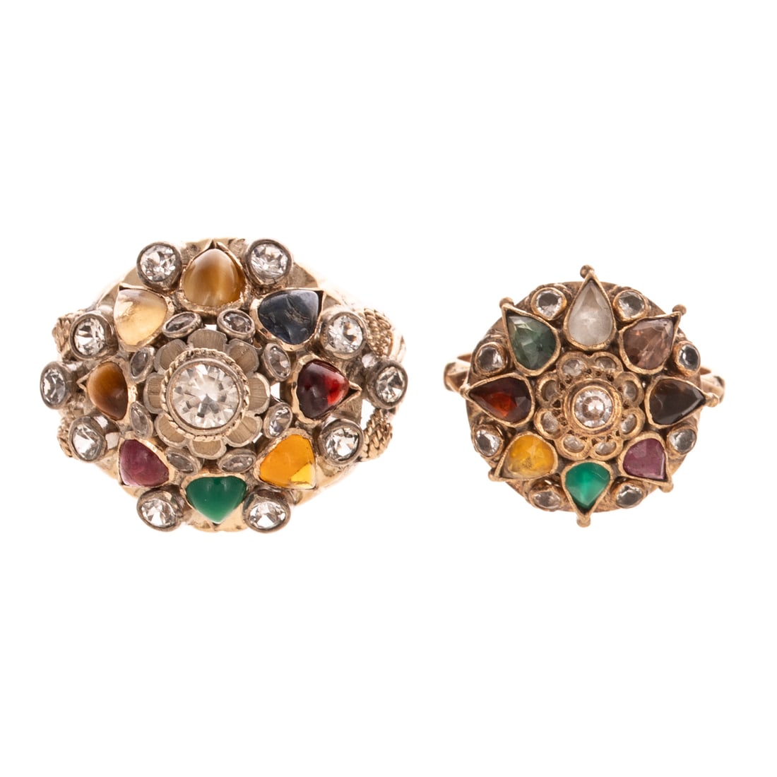 Two Vintage Gemstone Bombe Rings in 14K: 1) 14K yellow gold dome ring featuring bezel set round diamond weighing approx. 0.25 ct with an average color grade of H - I and an average clarity grade of SI bezel set atop in the center of a white 