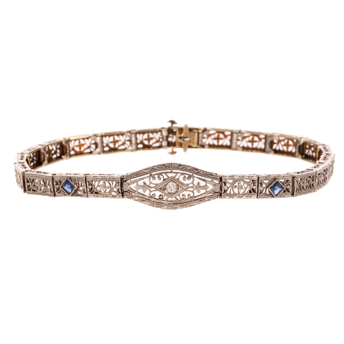 An Art Deco Diamond & Sapphire Filigree Bracelet in Platinum & 14K (1 of 4)