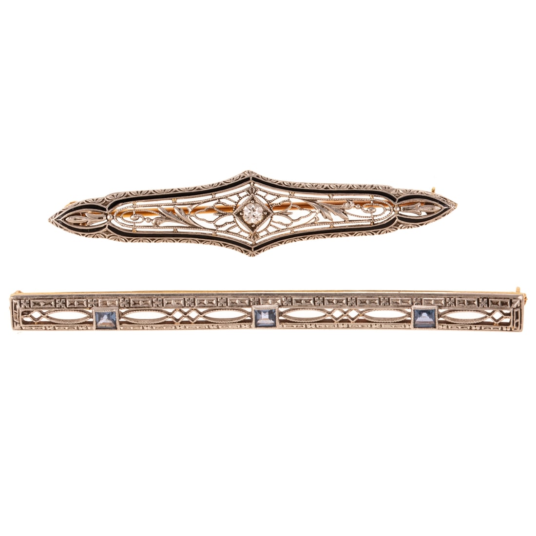 Two Art Deco Gemstone & Enamel Brooches in Platinum in 14K: Art Deco 1) Platinum topped 14K yellow gold filigree brooch by Krementz featuring a central round diamond accent bead set with black enamel border detail, signed, 2 in. L, and 2) Platinum topped 14K y