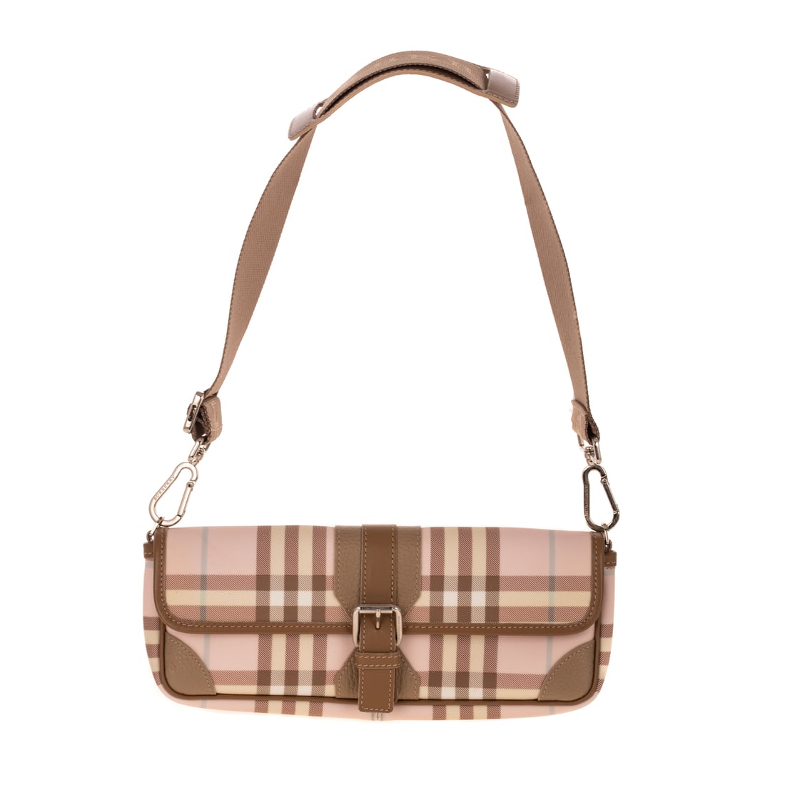 Burberry London Nova Check Convertible Wristlet Clutch: A pink and cream nova check Burberry London wristlet clutch with silver tone hardware and leather trim. Nylon lining, with clutch scrap inside, removable strap, and snap closure at front. Includes
