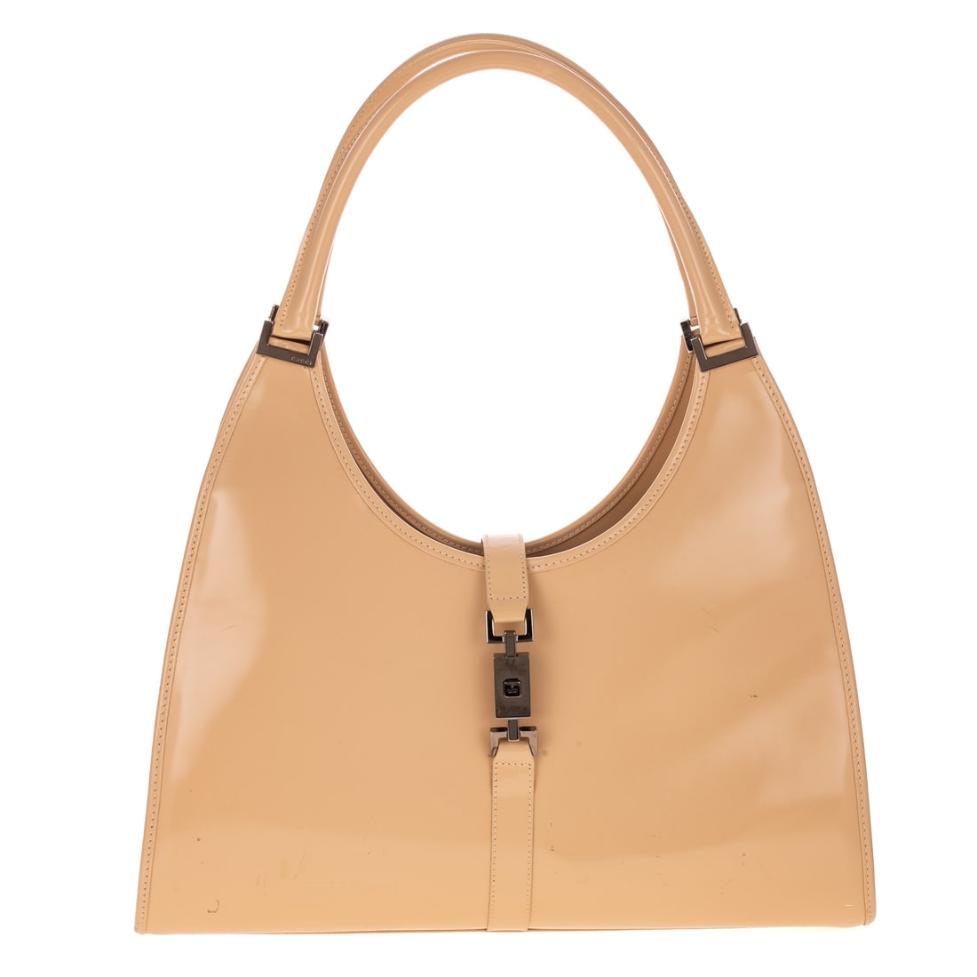 A Gucci Piston Lock Bardot Jackie: A cream patent leather Gucci Piston Lock Bardot Jackie with silver tone hardware, dual rolled top handles. Logo Jacquard lining, single interior pocket, push-lock and fold-in flap closures at front.