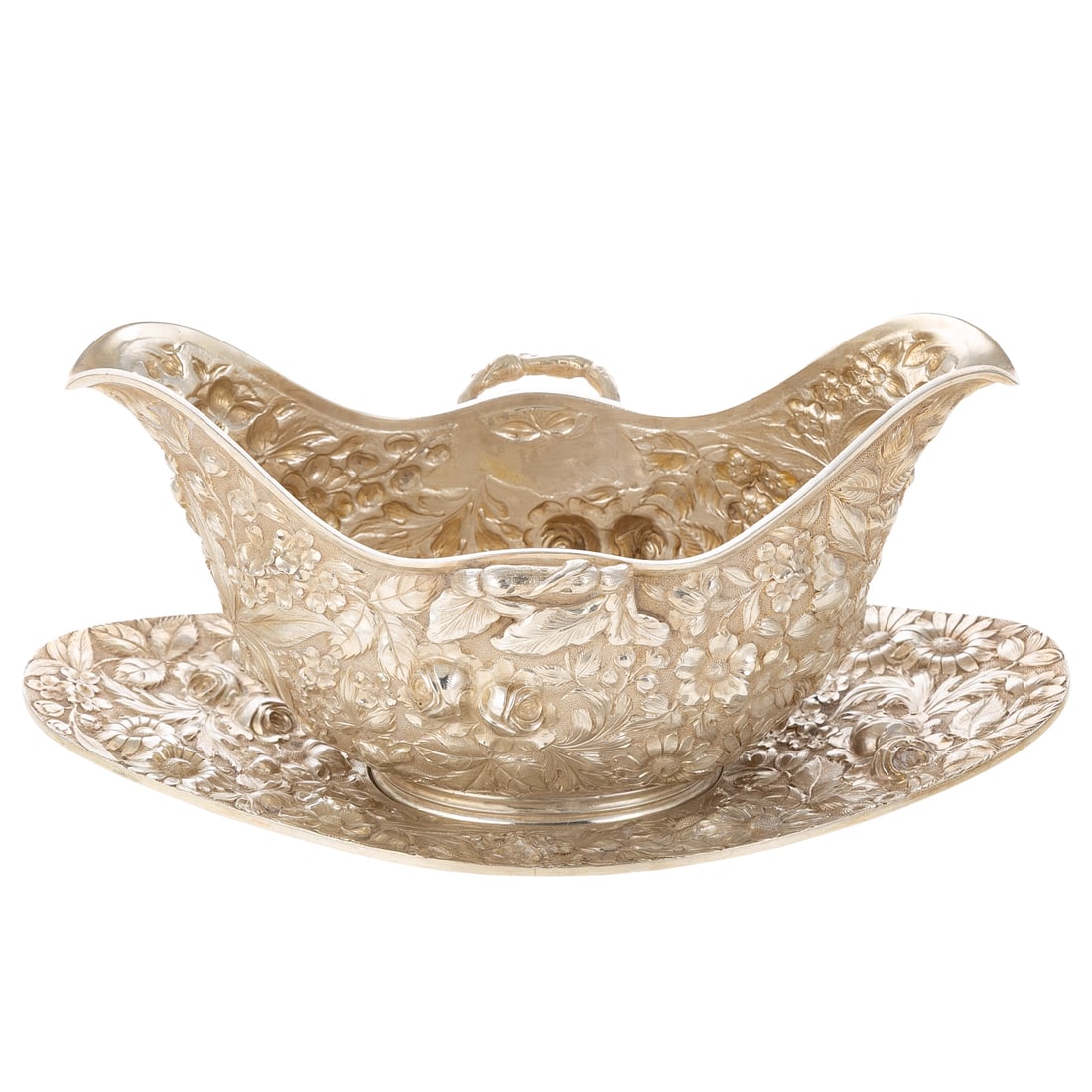 Jenkins & Jenkins Sterling Repousse Sauceboat: Baltimore, 1908-c.1915, model# 178, tall and handled oval sauceboat, with upturned spouted ends, matching undertray, decorated allover with repousse roses and other flowers and foliage, against a
