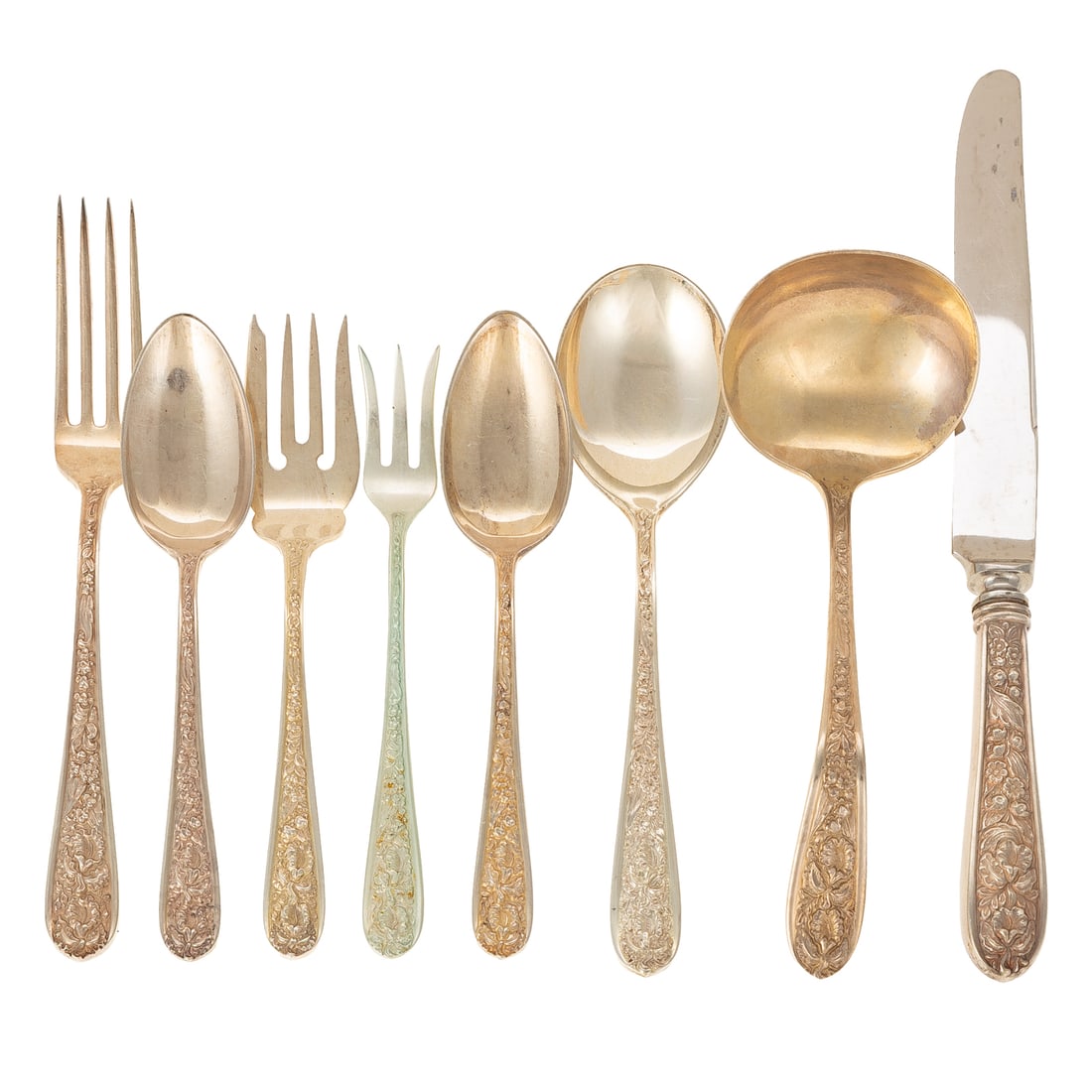 Stieff Sterling "Corsage" Flatware Service: Including: eight dinner knives, eight dinner forks, eight cream soup spoons, eight salad forks, 12 teaspoons, eight iced tea spoons, eight seafood forks, two flat butter spreaders, sugar spoon, master