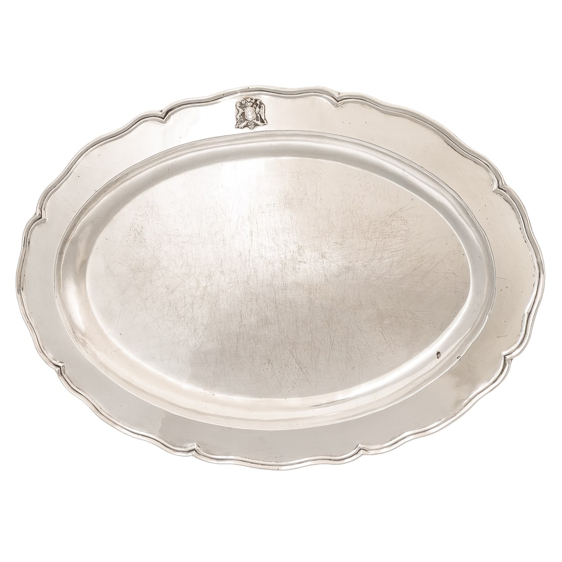 Continental Silver Serving Platter: Unmarked, 800 silver standard. Oval, with a stepped and flaring serpentine rim, the border with an applied crest, 16 3/8 in. W, 11 7/8 in. D, 27.3 ozt.