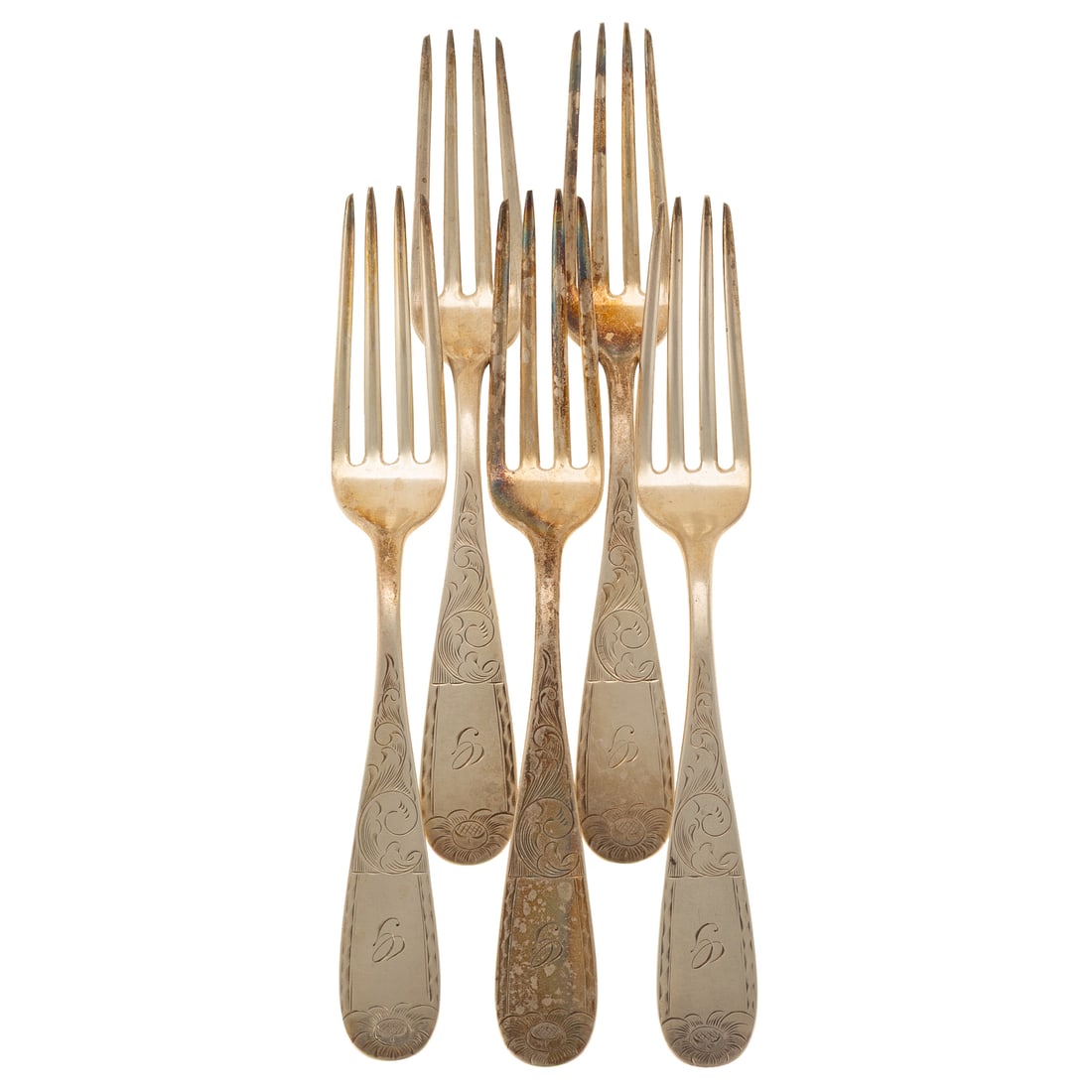 10 J. Stuart MacDonald Sterling Dinner forks: Baltimore, c.1900-1921, the handles with bright-cut and chased Mayflower-style pattern, monogrammed, 7 3/8 in. L, 16.1 ozt.