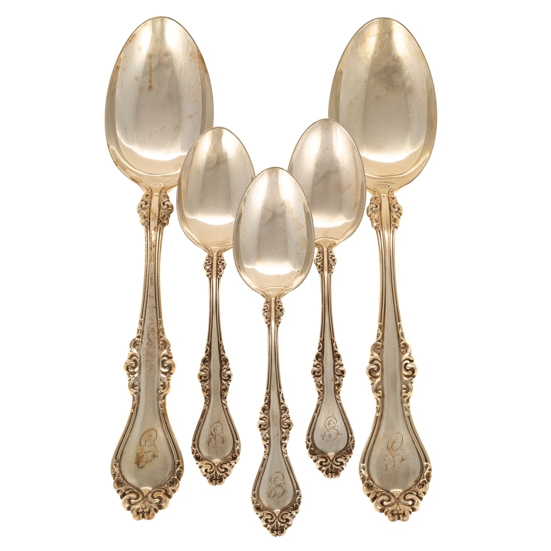 18 Alvin Sterling "Lorraine" Spoons: Including: 12 teaspoons, 5 7/8 in. L, and six serving spoons, 8 3/8 in. L, monogrammed, 21.5 ozt.