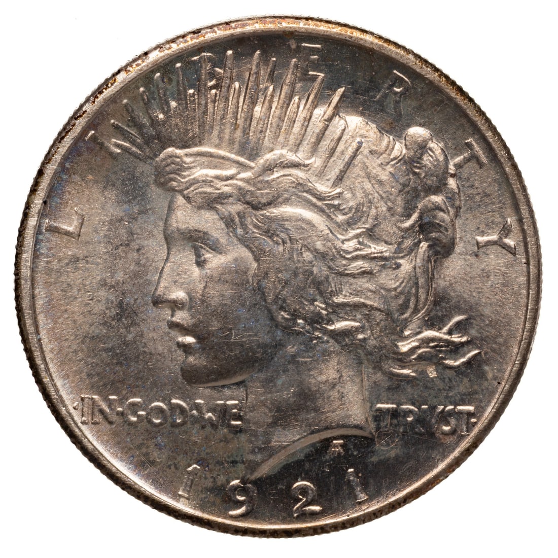 1921 Peace Dollar MS64 Hi Relief: As with many of the 1921 Hi Relief Dollars, the center (hair above the ear) is weekly struck. The rest of the coin is well struck, blast white and has marvelous luster. Incredible detail on the