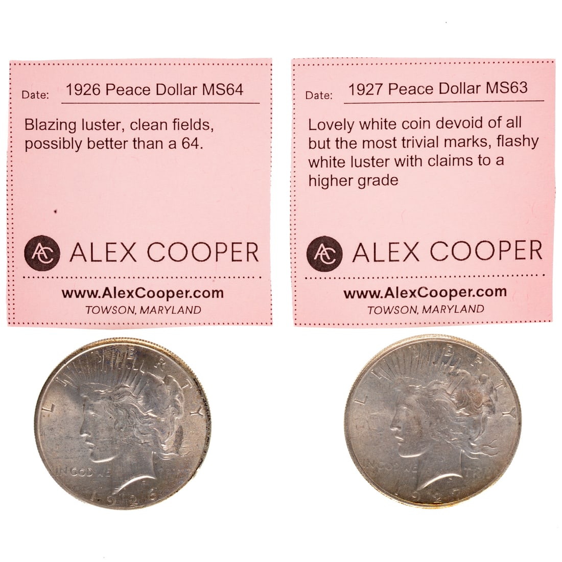 1926 & 1927 Peace Dollars - MS64 & MS63: 1926 MS64 - Blazing luster, clean fields, possibly better than a 64; 1927 - Lovely white coin devoid of all but the most trivial marks, flashy white luster with claims to a higher grade Provenance: