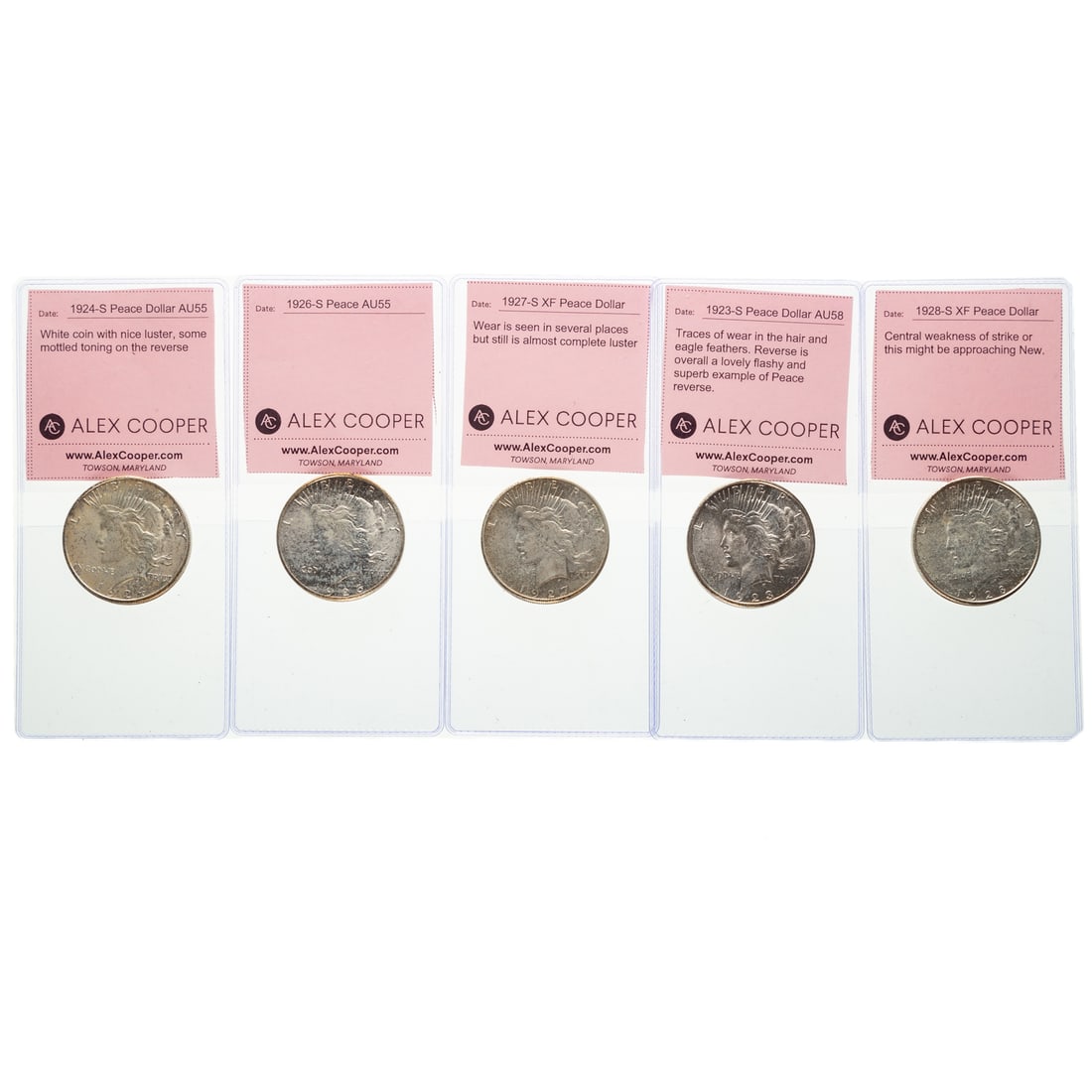 Five Peace Dollar S-Mints (23,24,26,27,28): 23-S AU58 - Traces of wear in the hair and eagle feathers. Reverse is overall a lovely flashy and superb example of Peace reverse; 24-S AU55 - White coin with nice luster, some mottled toning on the