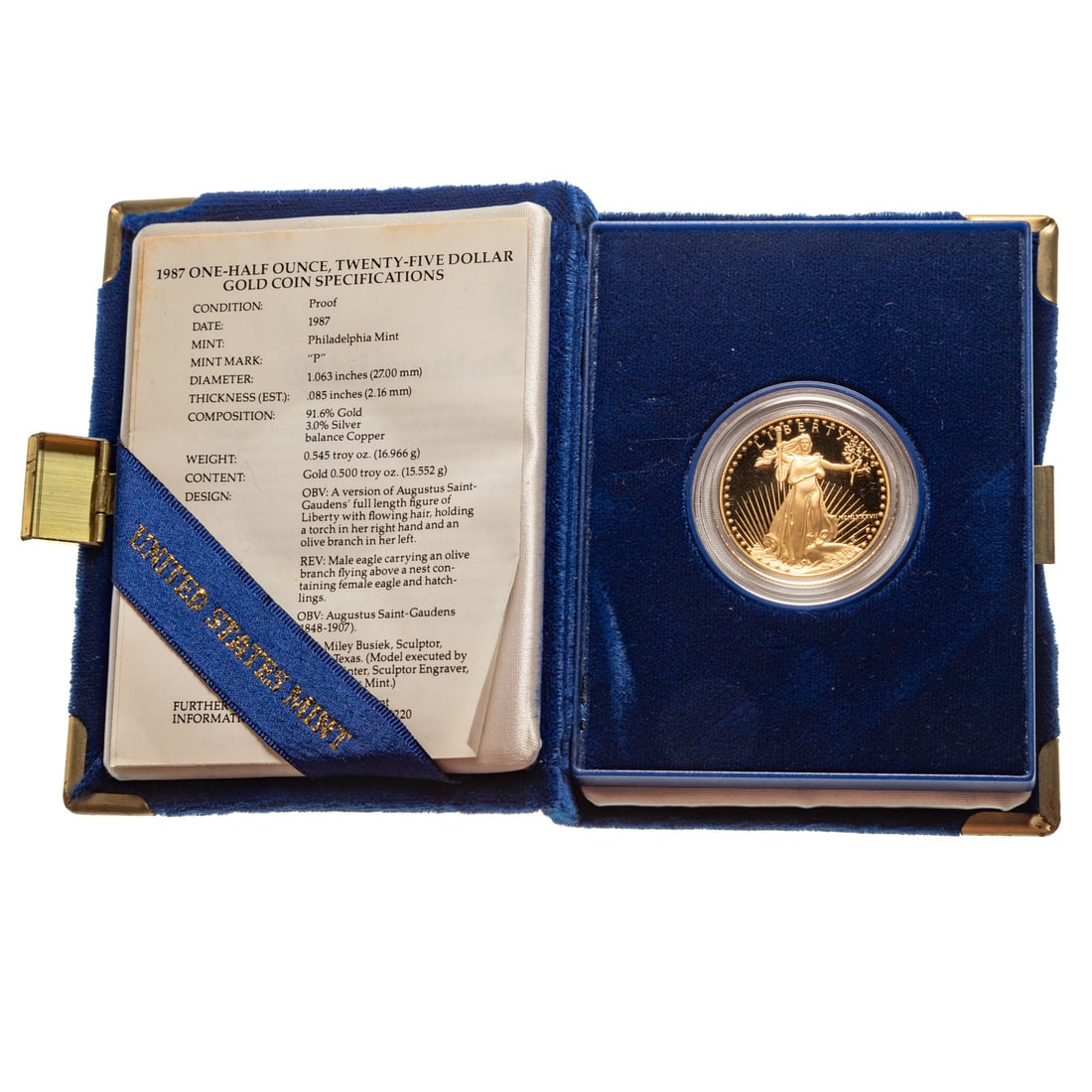 1987 $25 Half Ounce Gold American Eagle Proof: In the original purple US Mint box with COA. This was the second year of gold proof sets so the date is in Roman Numerals. Proof gold's mirrors are superb Provenance: From the Estate of Thomas J. DePr