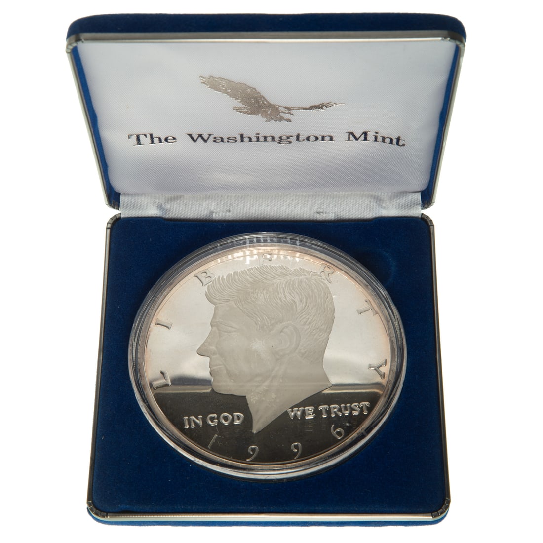 Washington Mint's 8 Ounce Large JFK Dated 1996: An enlarged version of the JFK half dated 1996 with 8 ounces of pure silver Provenance: From the Estate of Thomas J. DePrince, Rehoboth, DE