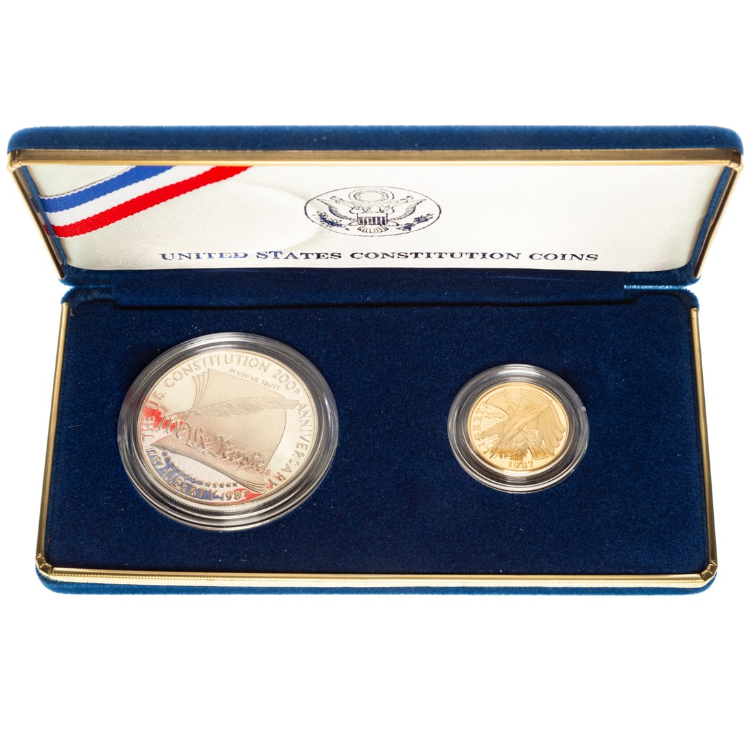 1987 Constitution Two-Coin Gold Commemorative Set: Comes with box, case and COA, Proof Silver dollar and gold $5 which is .2419 troy ounces Provenance: From the Estate of Thomas J. DePrince, Rehoboth, DE