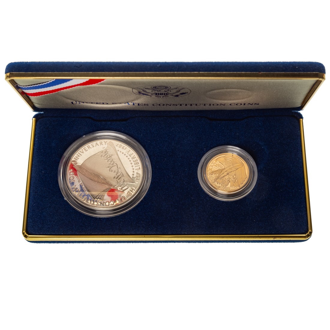 1987 Constitution Two-Coin Proof Set with $5 Gold: Proof Silver Dollar and $5 Proof Gold in original mint case. Box and COA are not present but slip case is here. Gold is .2419 oz Provenance: From the Estate of Thomas J. DePrince, Rehoboth, DE