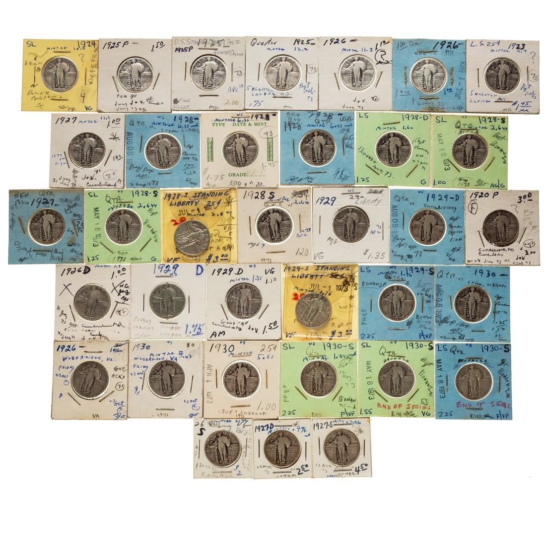 Collection of 35 Standing Liberty Quarters: Most have purchase dates, prices and seller on the 2x2's. 1920 F, 1923 G, 1924 VG, 1925 G, 1925 F, 1925 G/Vg, 1926 VG, 1926 F, 1926 F/VF, 1926-D AG, 1926 F, 1927 G, 1927 VG, 1928 VG, 2-1928 F,1928-S