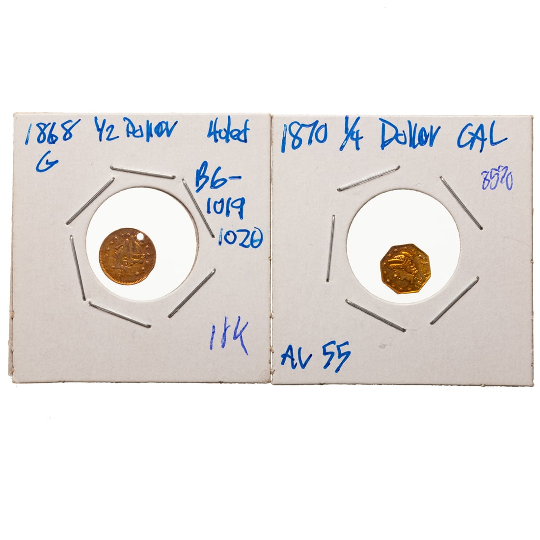 A Pair of California Fractional Gold Coins: 1868 1/2 Dollar BG-1019/1020 Holed for suspension and should grade around XF 75% gold - 18K; 1870 1/4 Dollar Octagonal Cal inside reverse wreath; BG 761-762 Grade should be @ AU55 85% gold The G