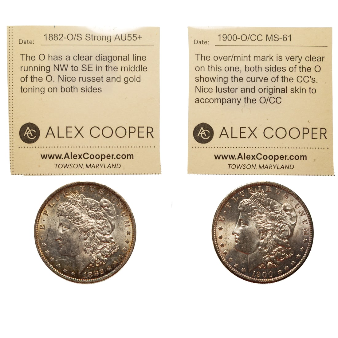Ttw Morgan Dollar Varieties 00-O/CC & 82-O/S: The 1900-O/CC MS61 The over/mint mark is very clear on this one, both sides of the O showing the curve of the CC's. Nice luster and original skin to accompany the O/CC; 1982-O/S AU55+ Strong - The O
