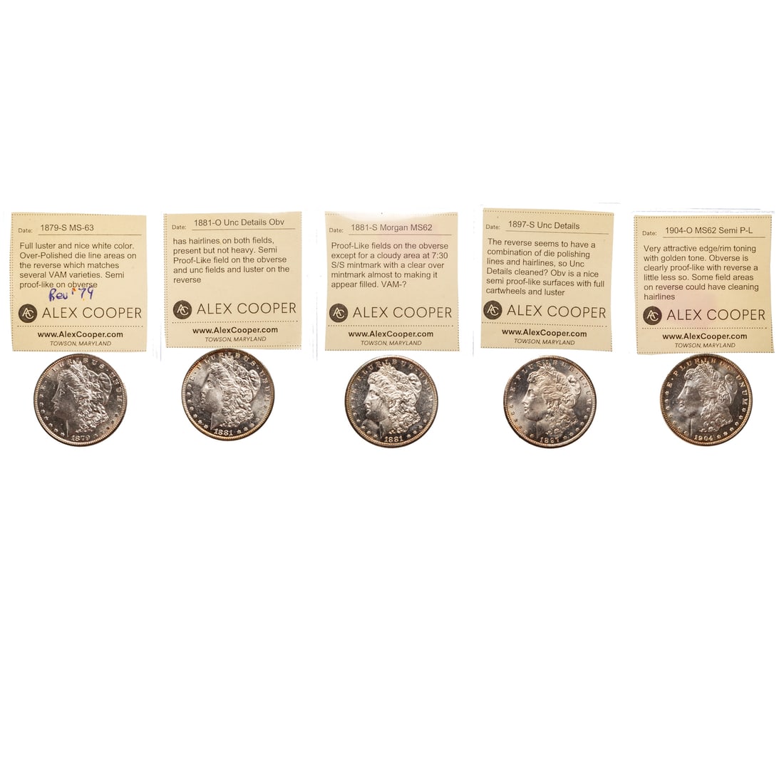 Five Nice Morgan Dollars: 1881-O Unc Details Obverse has hairlines on both fields, present but not heavy. Semi Proof-Like field on the obverse and unc fields and luster on the reverse; 1881-S MS62 - Proof-Like fields on the ob