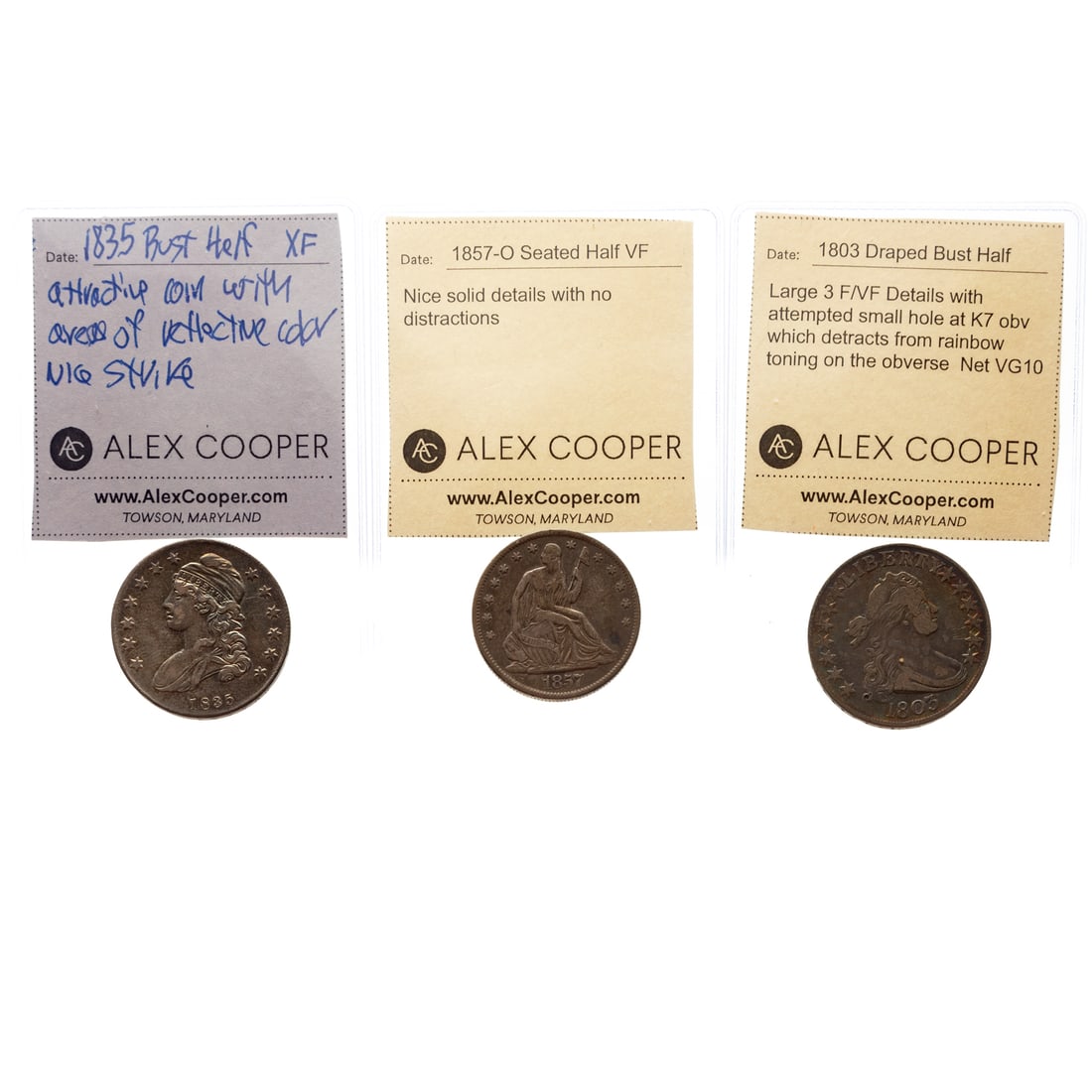 Three Type Half Dollars Includes 1803 Large 3: 1803 Draped Bust Large 3 Half, F/VF strike details with golden album toning on obverse. Small attempted hole at 7pm obv - net VG-10; 1835 Bust Half XF - attractive coin with areas of rainbow color
