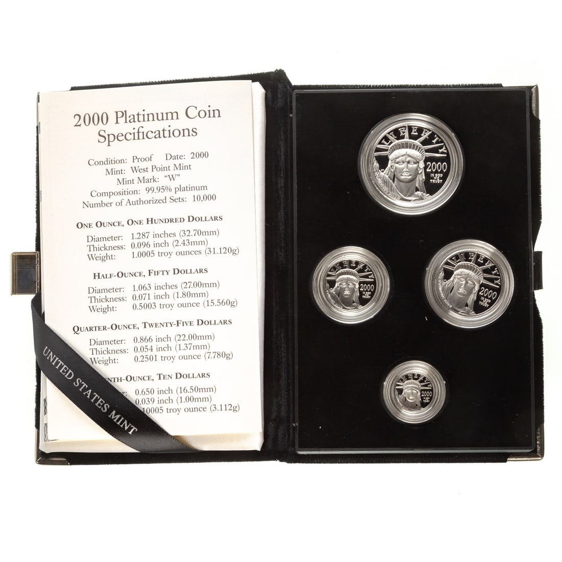 2000 Platinum Four-Coin American Eagle Proof Set: 1.85 Troy Ounces of gleaming proof platinum in $100 (1 oz), $50 (1/2 oz) $25 (1/4 oz) and $10 (1/10th oz) Provenance: Lifetime numismatic property of a long time Baltimore collector