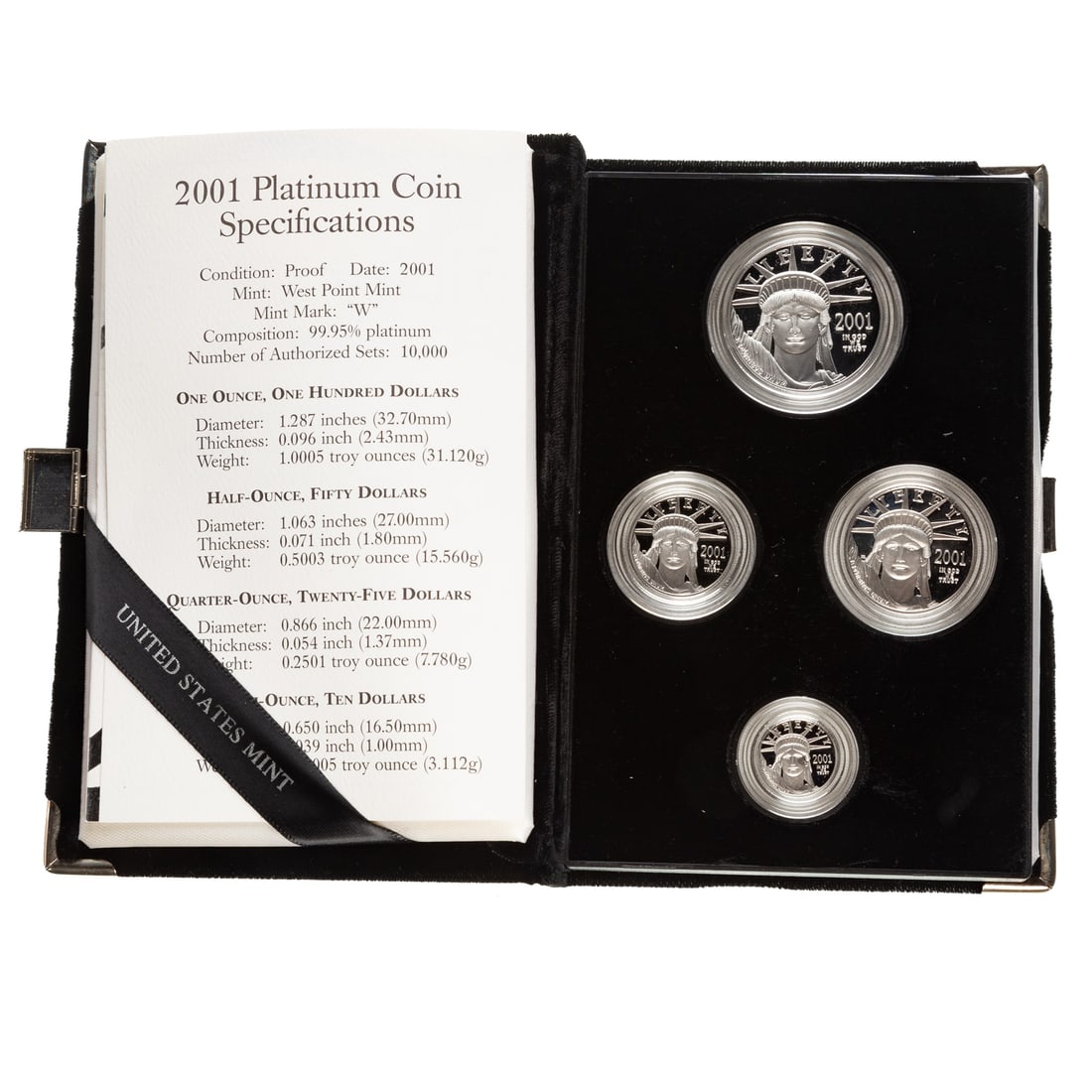 2001 Platinum Four-Coin Proof American Eagle Set: Beautiful proof platinum has mirror like surfaces and 1.85 ounces of .9995 platinum. Includes the mint black box with black velvet like case and COA Provenance: Lifetime numismatic property of a long