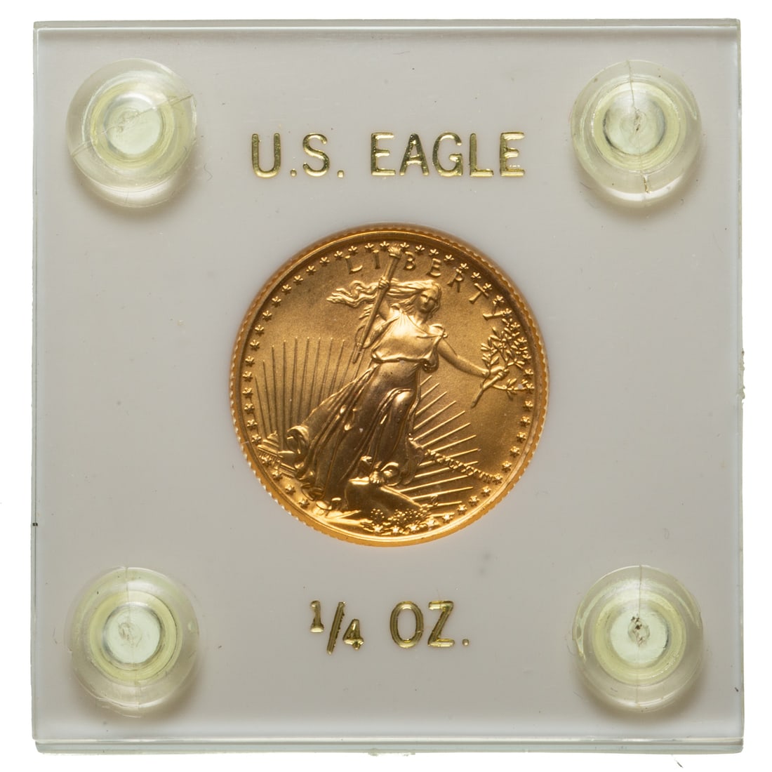 1987 $10 1/4 Oz Gold American Eagle UNC: Housed in a white Capital plastic holder and is pristine. The earliest years have the date in Roman Numerals as is this one Provenance: Lifetime numismatic property of a long time Baltimore collector
