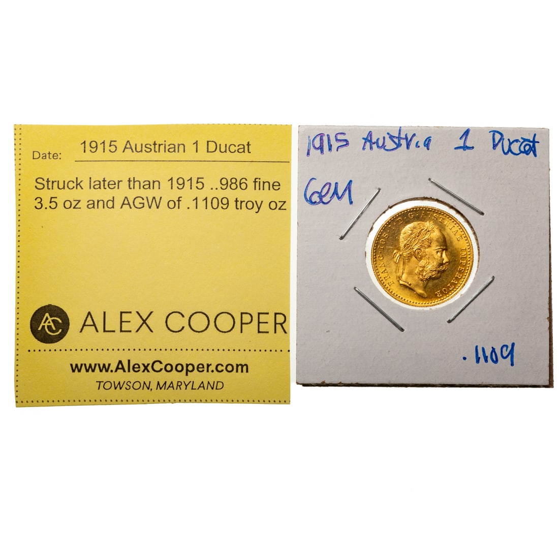 1915 Austrian 1 Ducat Gold Coin - Gem BU: One of the world's first gold bullion coins, dated 1915 but struck later at .986 fineness. This one is Gem BU and is .1109 troy ounces AGW Provenance: Lifetime numismatic property of a long time