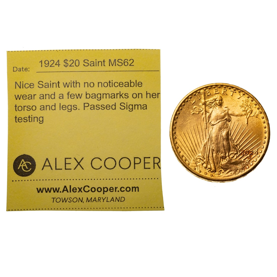 1924 $20 Saint MS62: A nice Saint with little noticeable wear and some marks on the lady's torso and legs which appear to be Bag marks and not wear Provenance: Lifetime numismatic property of a long time Baltimore