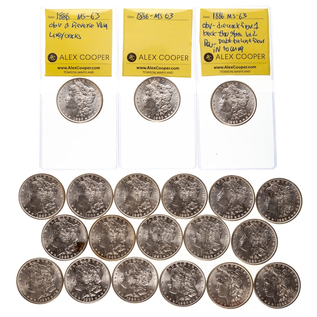 Very Nice Roll of 1886 BU Morgans: appears to be MS60-1, MS61=7, MS62=9 and 3-MS63 with conservative grading. Many of the coins have the combination of die cracks through the lower obverse stars and on the reverse 2 die vertical die