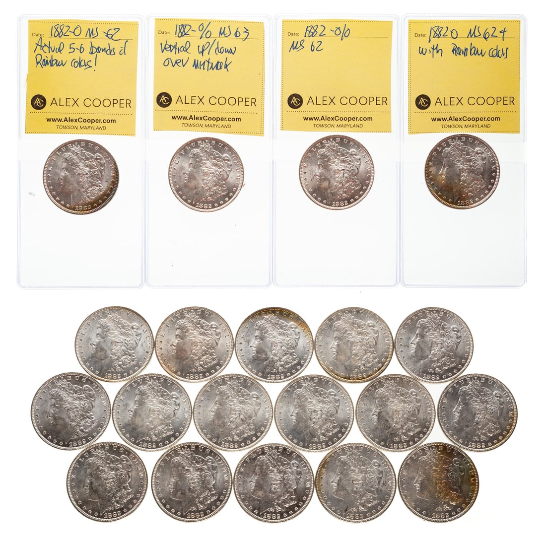 UNC Roll of 1882-O Morgans, 12 are 82-O/O: Interesting roll of 1882-O Morgans with 12 being O/O vertical over mintmark with most have extra metal on the left underside of the O. Eight are not O/O but two are colorful with one having an actual