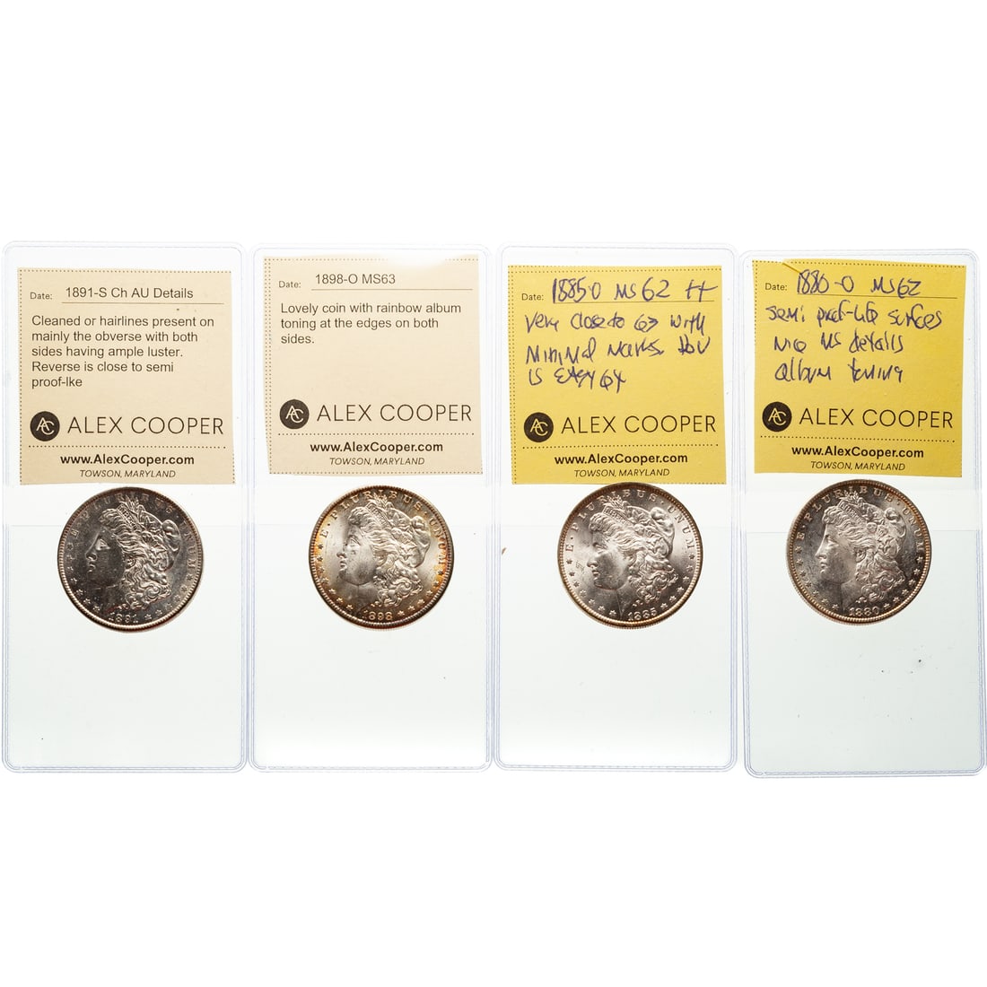 Four Attractive Morgan Dollars: 1898-O MS 63 or better - lovely coin with minimal marks and attractive album toning on both sides, many claims to a MS64; 1891-S Choice AU Details and luster but cleaning hairlines on both sides. Reve