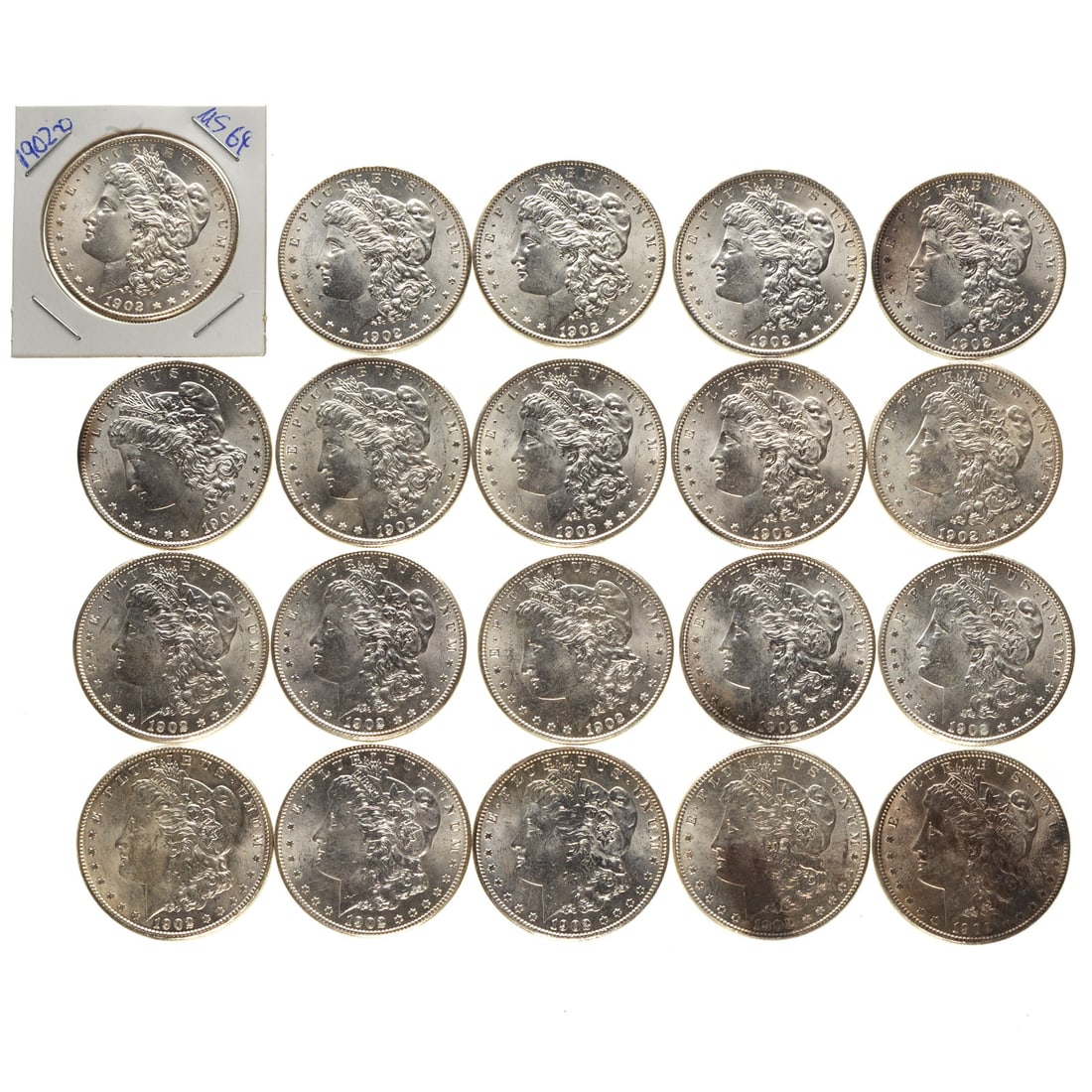 Roll of Uncirculated 1902-O Morgan Dollars: 2-MS60 (with odd end of the roll toning), 5-MS61, 20-MS62, 2-MS63 and 1- MS64 so better than average roll Provenance: From original rolls stored in a safe deposit box since 1964