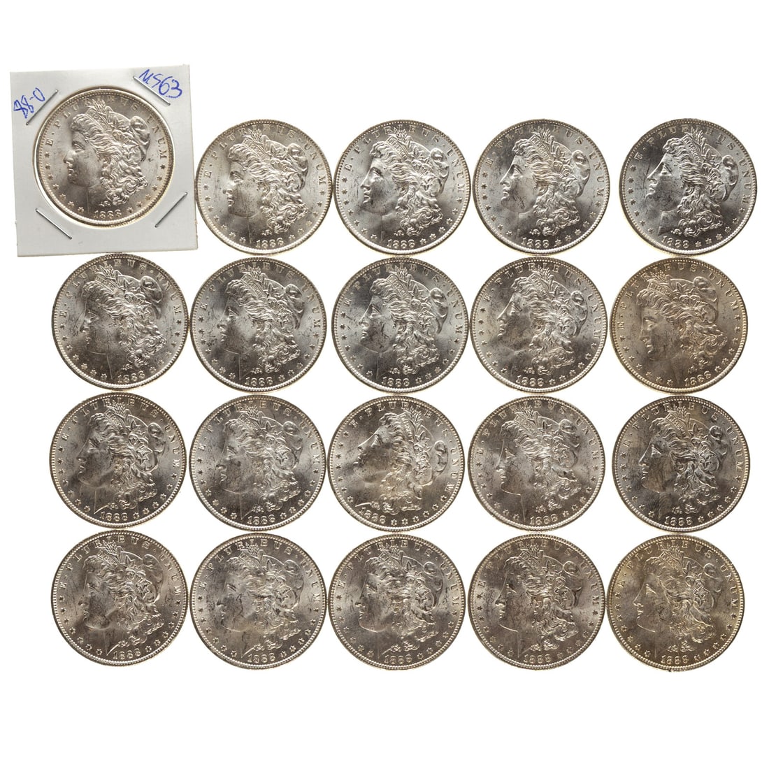 BU Roll of 1888-O Morgan Dollars: 4- MS60, 8-MS61, 7-MS-62 and 1-MS63 and sadly, no Scarface or Hot Lips varieties Provenance: From original rolls stored in a safe deposit box since 1964