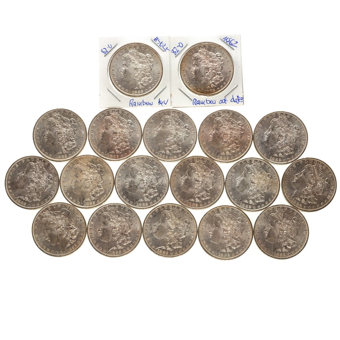 Partial Roll of 18 BU 1882-O Morgan Dollars: All MS61-62 and most are Semi PL or close to it. Several have splotches of rainbow color on top of semi proof-like fields Provenance: From original rolls stored in a safe deposit box since 1964