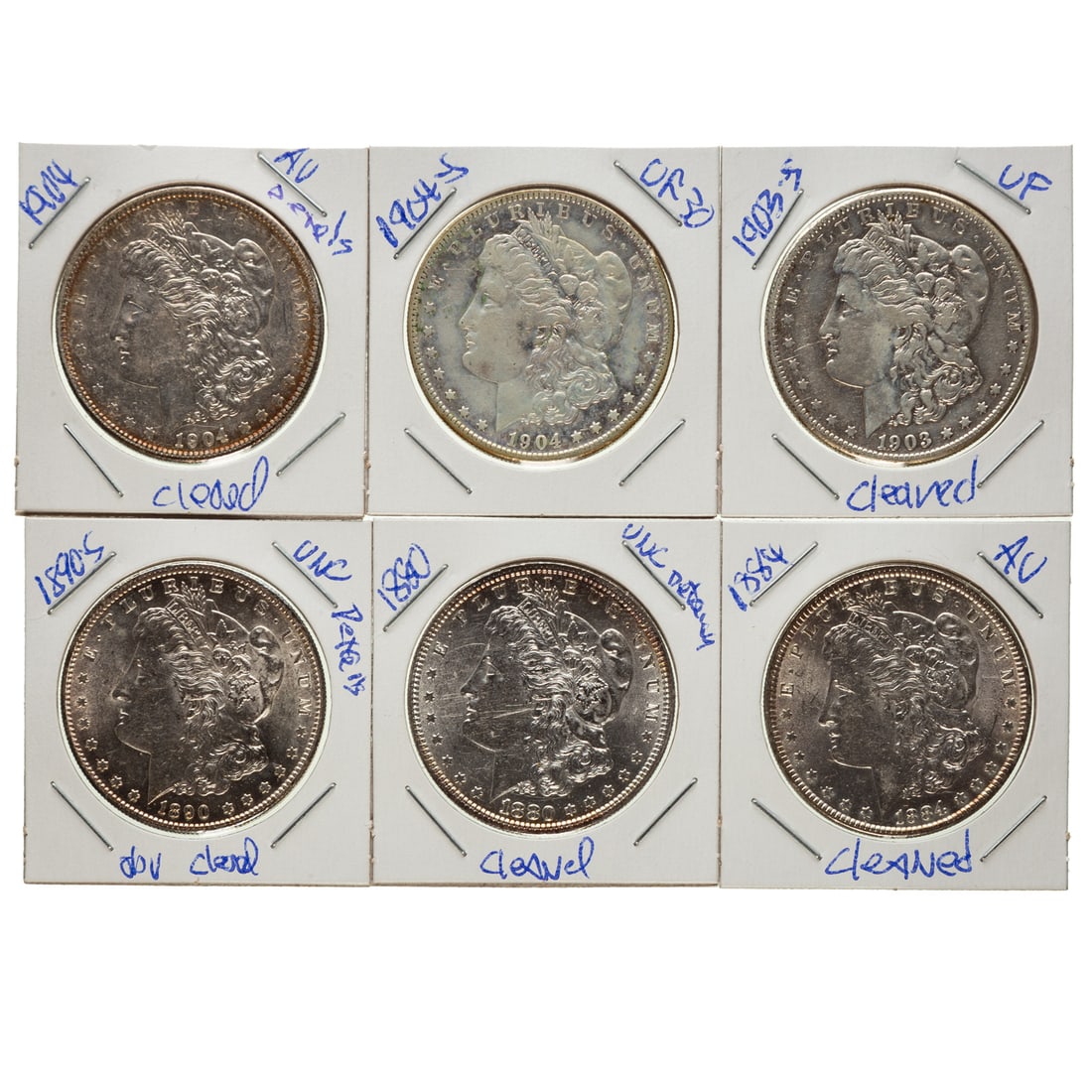 Six Morgan Silver Dollars: All of these were lightly cleaned and still presentable, price a full grade below the details grade. 1880 Unc Details, 1884 AU Details, 1890-S Unc Details, 1903-S VF Details, 1904 AU details (Very
