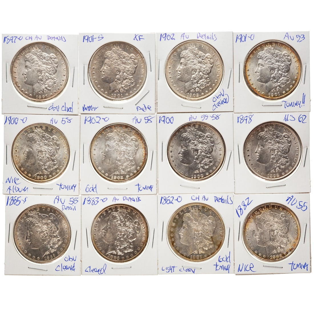 A Dozen Morgans from a Great Collection: 1882 AU55 - A lustrous coin with rub on the face and hair, gold, brown and multicolor album toning on each side; 1882-O Choice AU Details, cleaned with hairlines especially on the obverse. Colorful