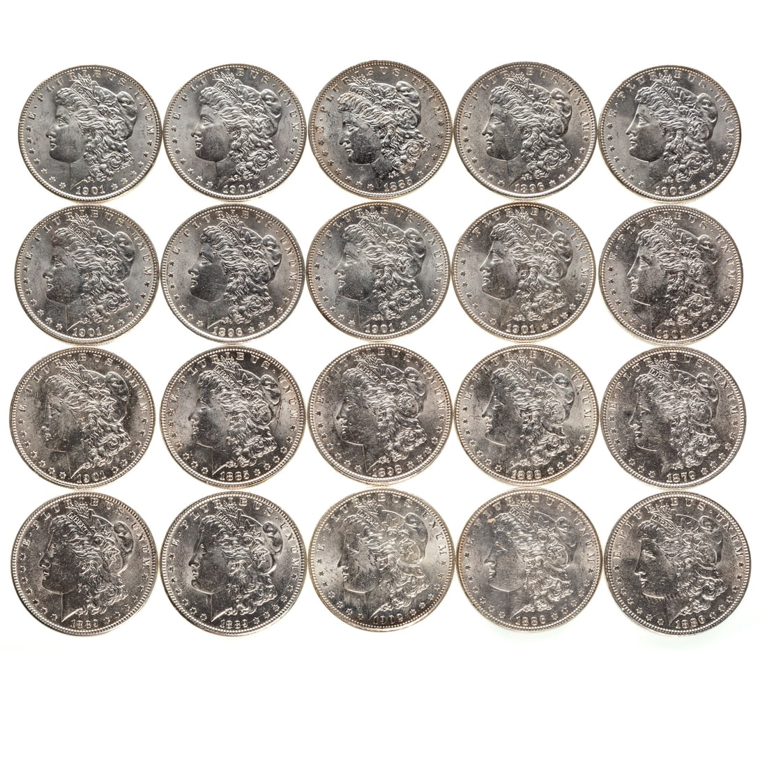 Mixed Roll of AU58-MS63 Morgan Dollars: 1879, 2-1885, 2-1886, 2-1889, 2-1896, 2-1898, 8-1901-O, 1902-O (toning at date), Only a couple AU58's and most of the 01-O's are 62-63 Provenance: From a set of BU rolls stored in a Safe Deposit