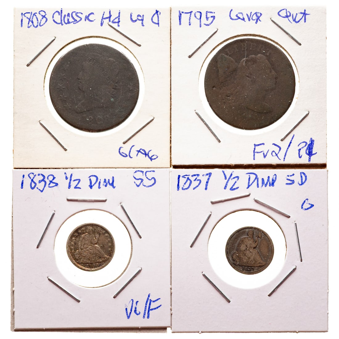 Four US Type Coins, 1795-1838: 1795 Large Cent Plain Edge with five touching the base, Fair2 to Poor 1 with nice color; 1808 Classic Head Large Cent AG; 1837 No Stars 1/2 dime Small Date Good; 1838 Small Stars Half Dime VG/F