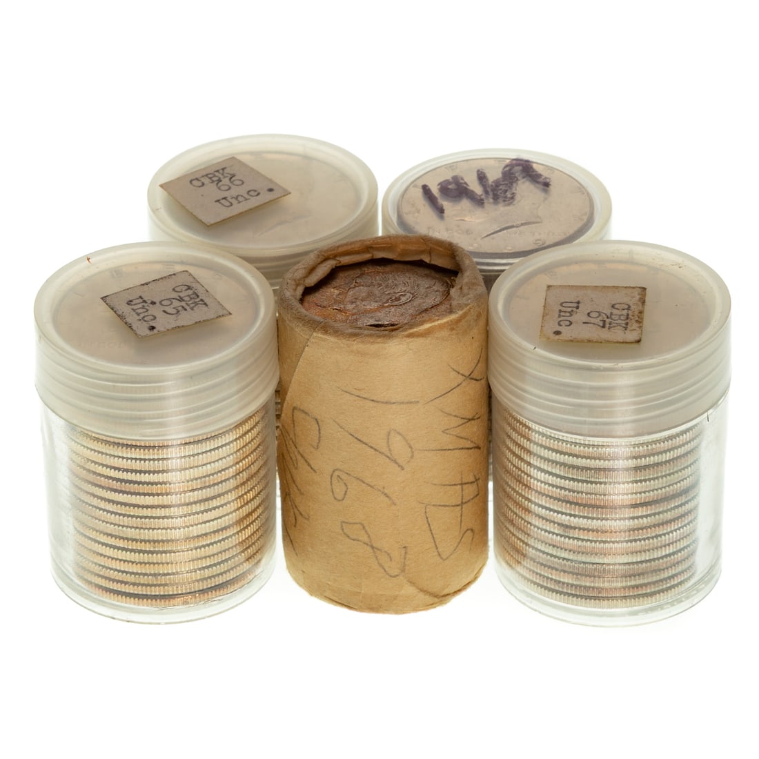 100 40% Silver JFK Halves, Five Rolls, One for Each Year: Five rolls, one for each year 65-66-67-68-D and 69-D. The 68 is a D and in original bank wrapping from Omaha National Bank in Nebraska. It has two nicely toned end coins