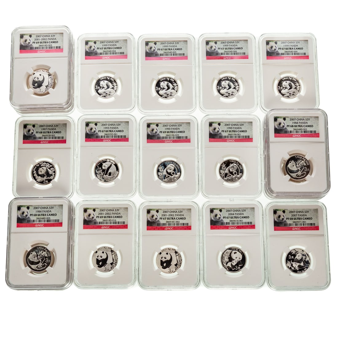 21 - 1/4 Oz Chinese Pandas Proof 67-68 Ultra: These are 3Y, 1/4 oz .999 silver and part of the 25 year set 1982-2007. All of them the set date of 2007 on the holder and the specific year and grade by NGC all are Ultra Cameos Proof 67-68. We have