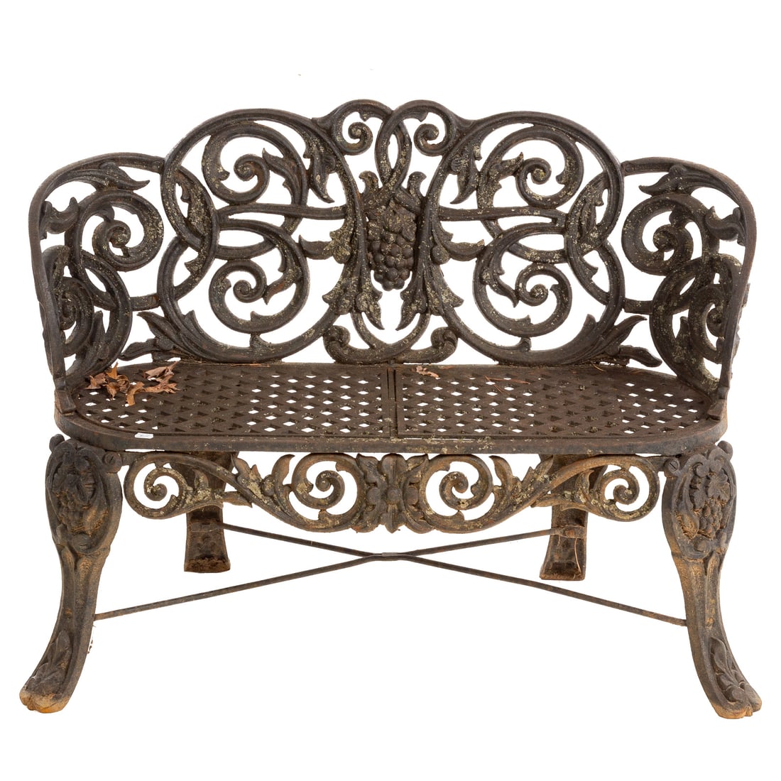 Victorian Style Wrought Iron Garden Bench: Reticulated and stylized vine form back with matching apron and legs, grid seat, 32 in. H, 41 1/2 in. W, 22 in. D