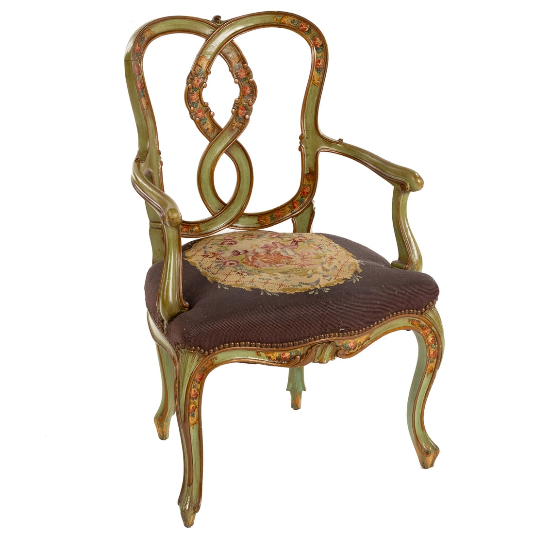 Italian Venetian Rococo Style Armchair: Circa 1900, painted and paint decorated carved frame with figural needlepoint upholstered seat, 36 3/4 in. H, 22 1/2 in. H, 19 1/2 in. D