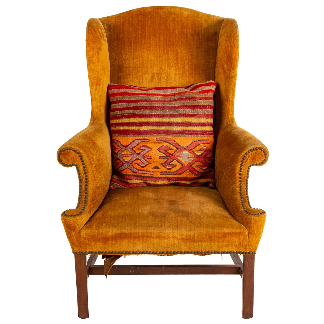 Chippendale Style Upholstered Wing Chair: Fully velour upholstered frame with hobnail embellishments, on straight stretchered legs, 45 1/2 in. H, 31 in. W, 29 in. D Provenance: From a private Delaware estate/collector