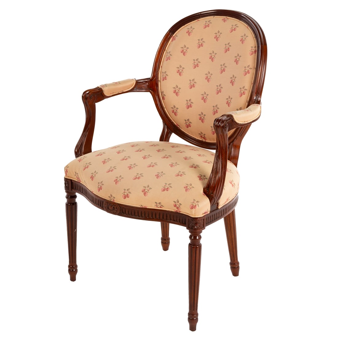 Hickory Chair Louis XVI Style Armchair: Oval back with carved walnut arm supports and apron, ending in turned reeded legs, 37 in. H, 24 in. W, 20 in. D Provenance: From a private Delaware estate/collector
