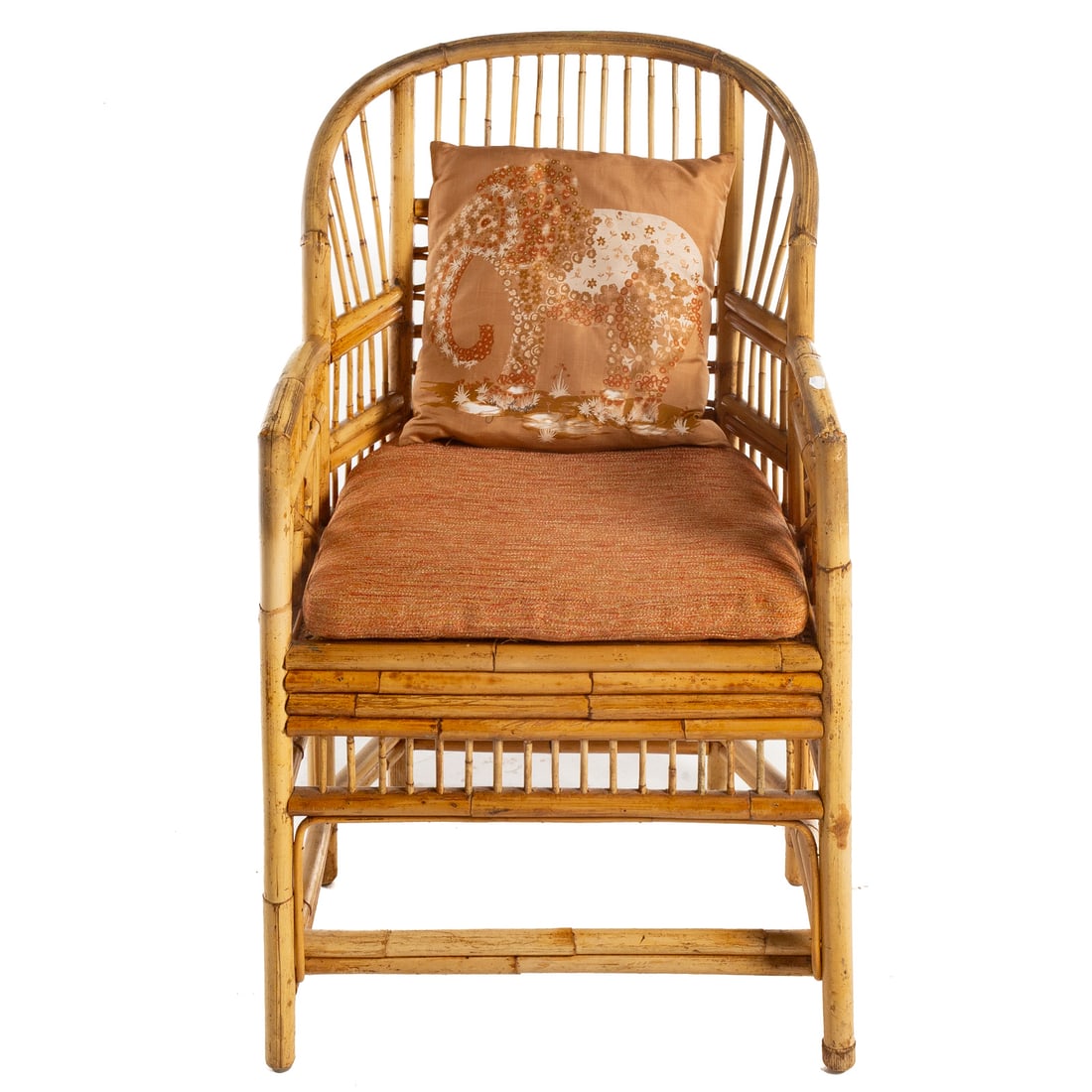 Brighton Pavilion Rattan Armchair: Rattan frame with cane seat and drop cushion, 37 1/2 in. H, 23 in. W, 20 in. D Provenance: From a private Delaware estate/collector