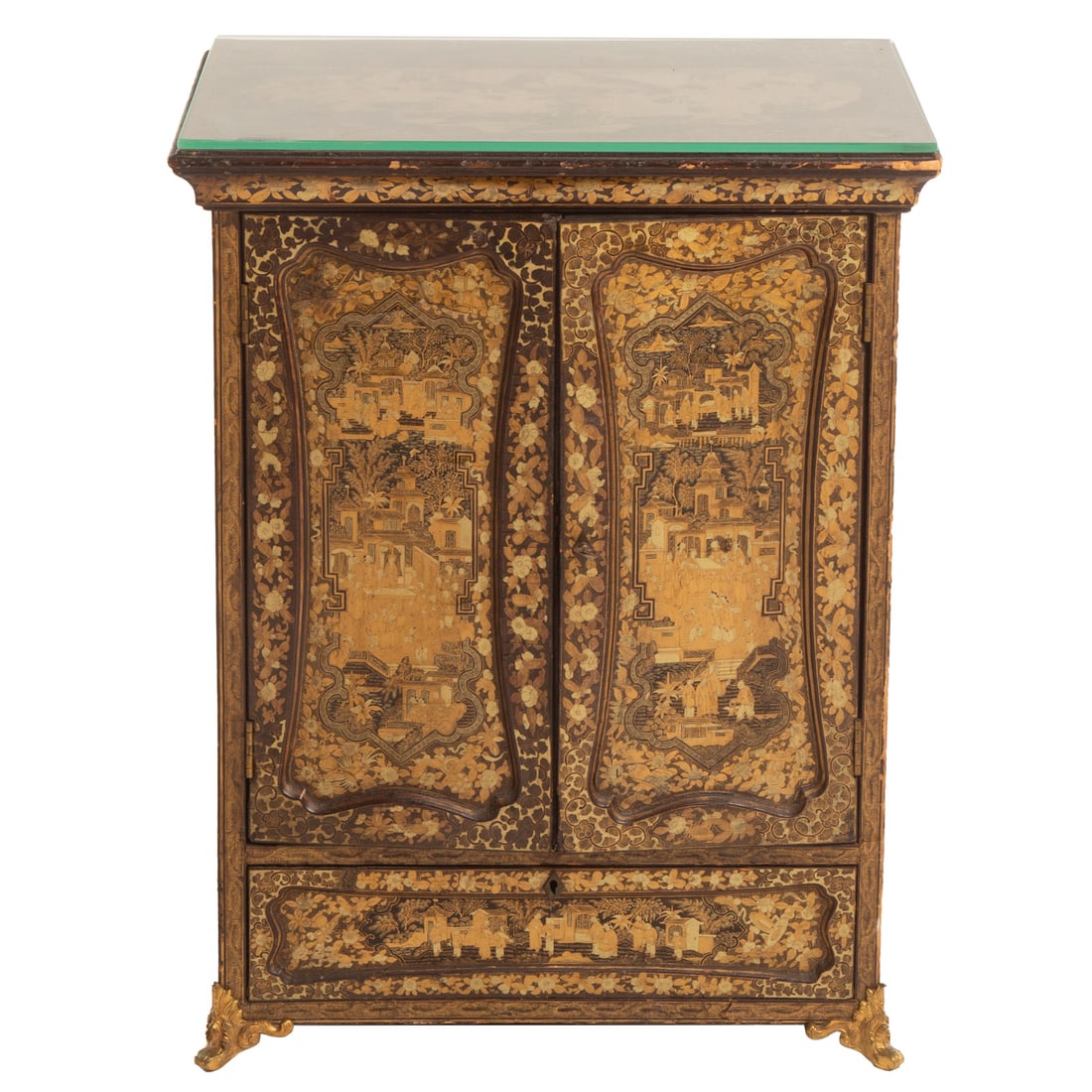 Chinese Diminutive Lacquered Cabinet: Fourth quarter, 19th century. Fully lacquer decorated two door cabinet with decorated six drawer interior over single drawer, supported by ormolu feet, 24 3/4 in. H, 19 1/4 in. W, 12 in. D