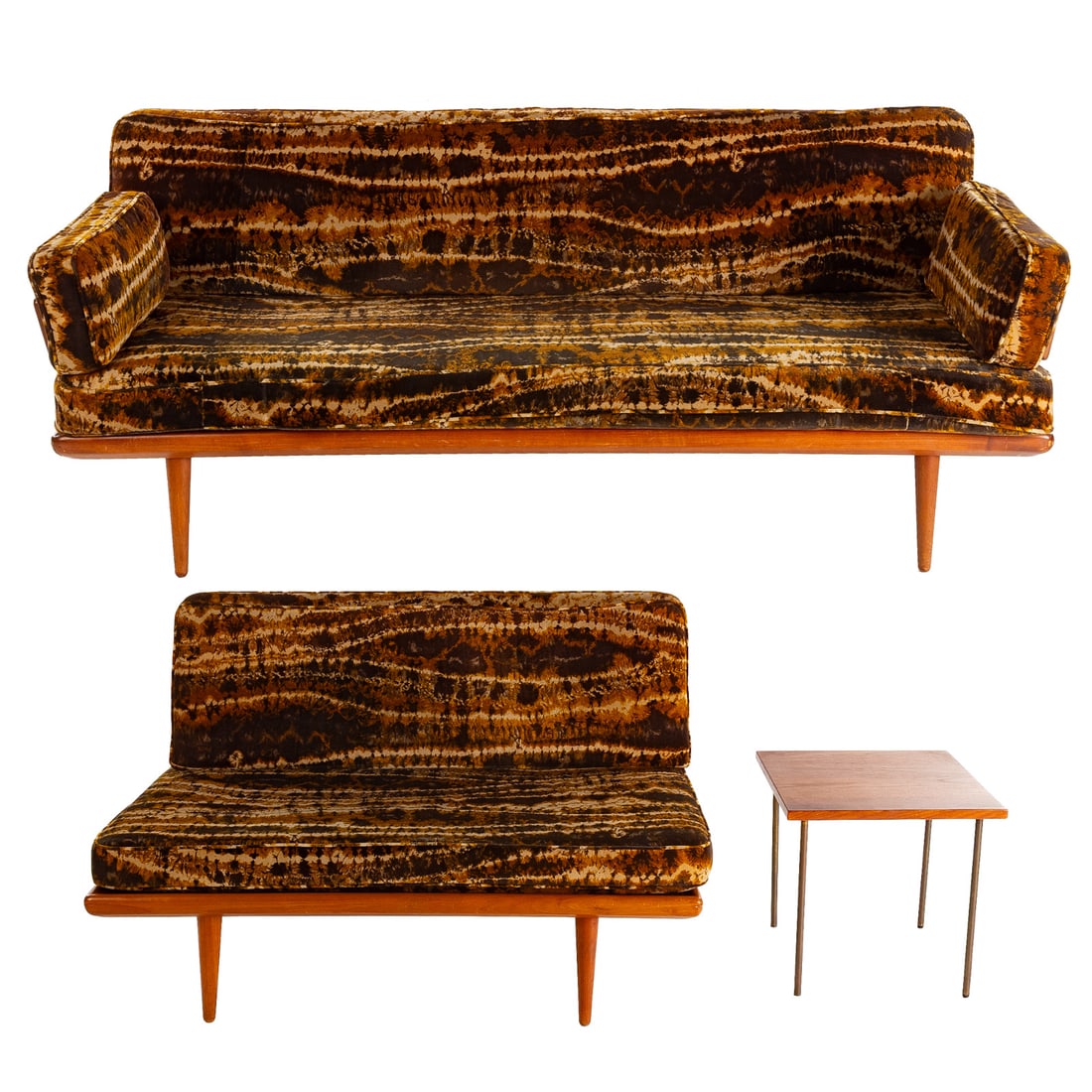 Peter Hvidt Minerva Sofa & Bench with Side Table: For France & Son, mid-century modern sofa with upholstered back and seat cushions in a teak frame ending in turned tapered legs, 31 in. H, 74 in. W, 28 in. D, together with a matching armless bench,