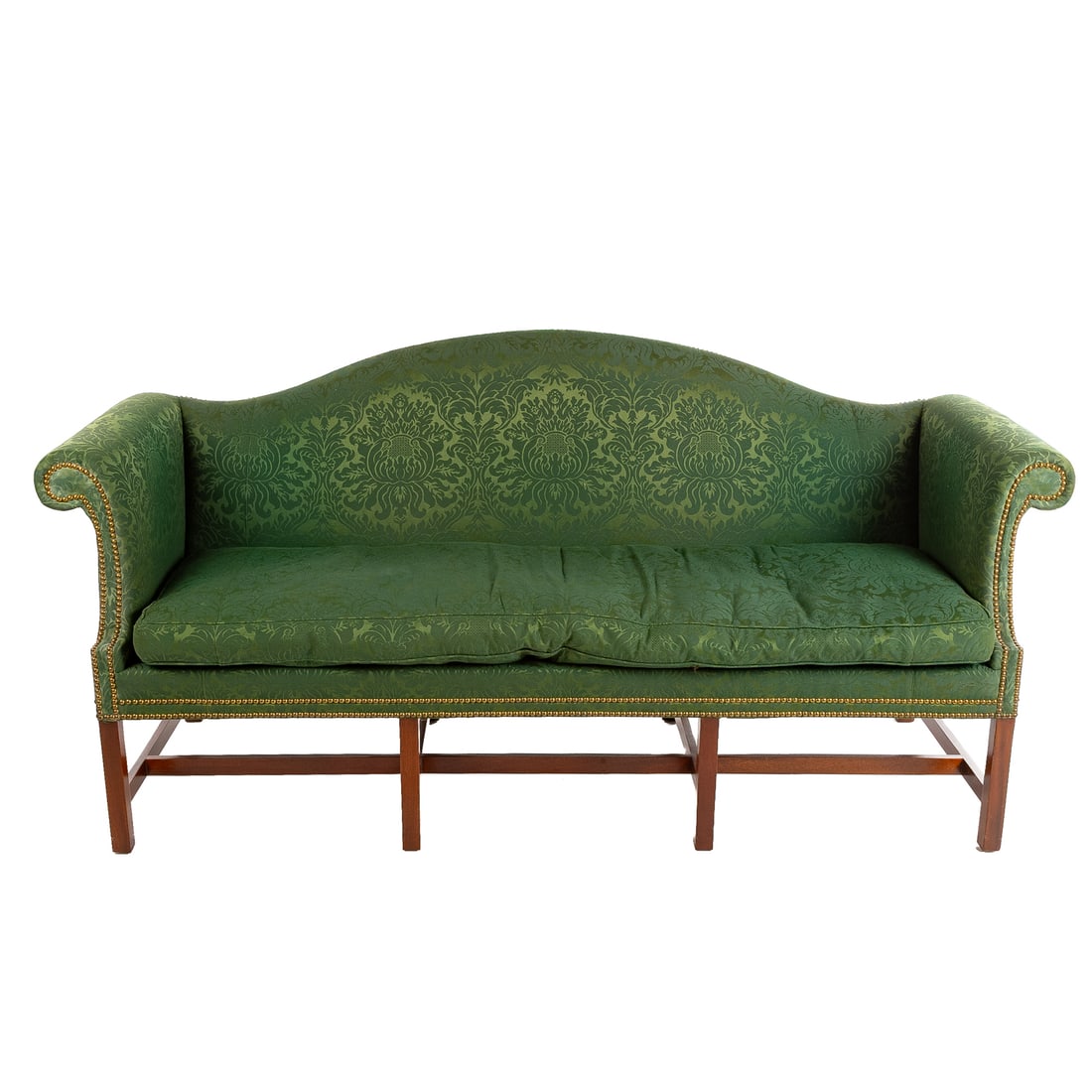 Kittinger Williamsburg Chippendale Style Sofa: Colonial Williamsburg reproduction, fully scalamandre upholstered camel back sofa with hobnail embellishments supported by stretchered straight legs, 38 1/2 in. H, 82 in. W, 26 in. D Provenance: From 