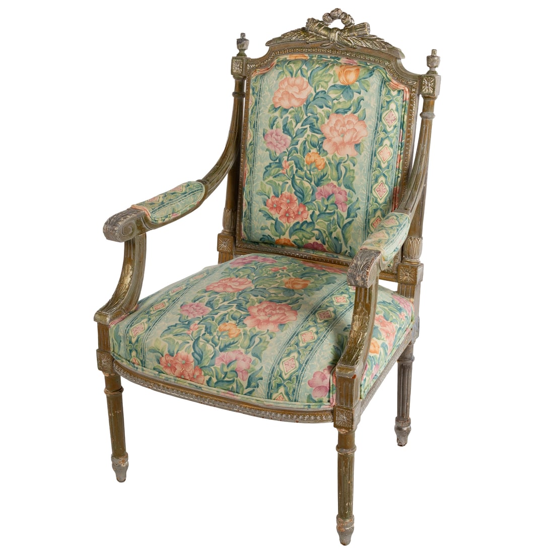 Louis XVI Style Painted Fauteuil: Carved and painted frame with upholstered back, arms and seat, ending in turned reeded legs, 39 1/2 in. H, 24 in. W, 18 1/2 in. D
