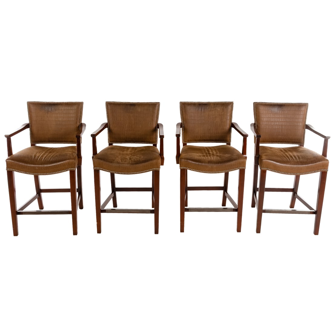 Four Hickory Chair Leather Counter Stools: Mahogany frames with alligator patterned leather upholstered backs and seats, 39 in. H, 22 1/2 in. W, 23 in. D